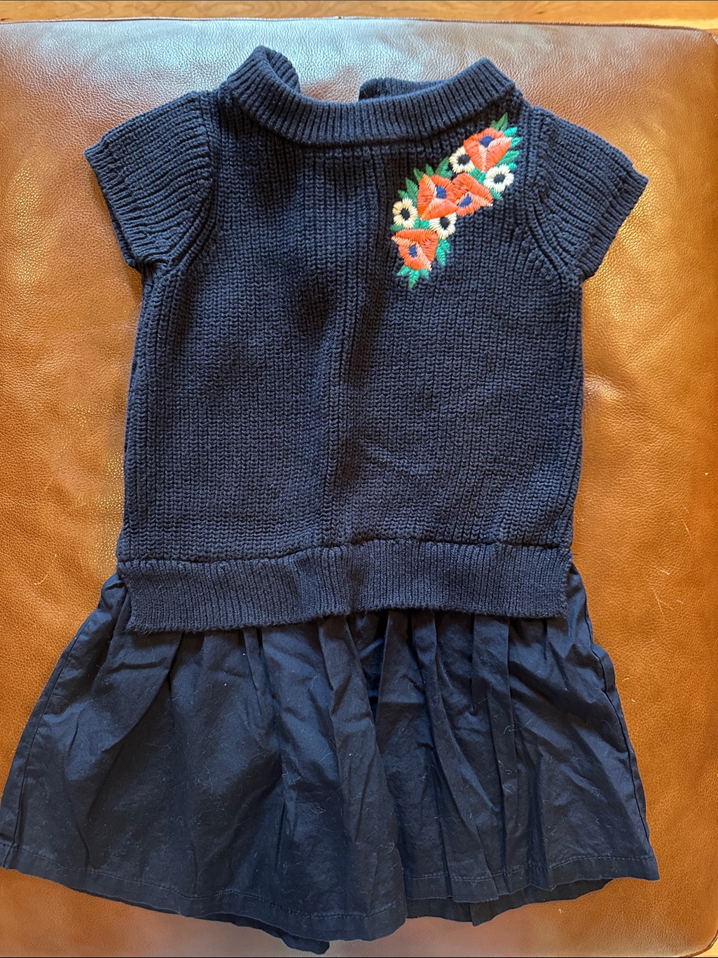 Janie And Jack Navy Knit Dress With Coral Floral Embroidery